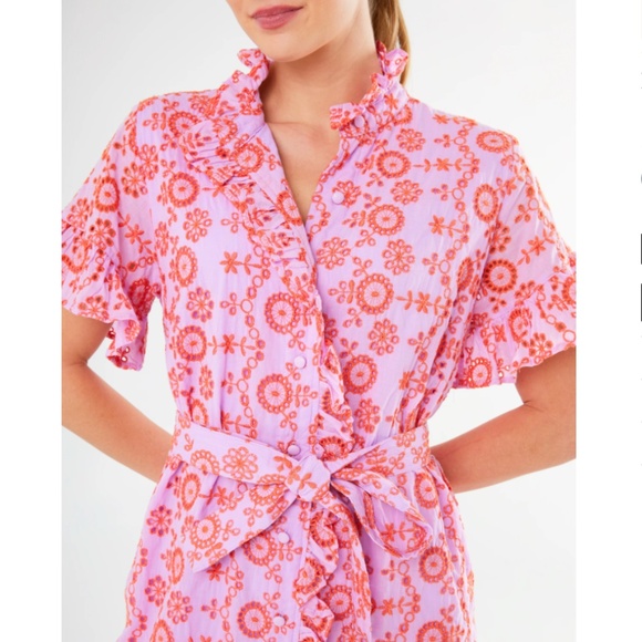 Abbey Glass Abbeyglass Small S Katie dress lavender coral eyelet shirtdress - Picture 2 of 8
